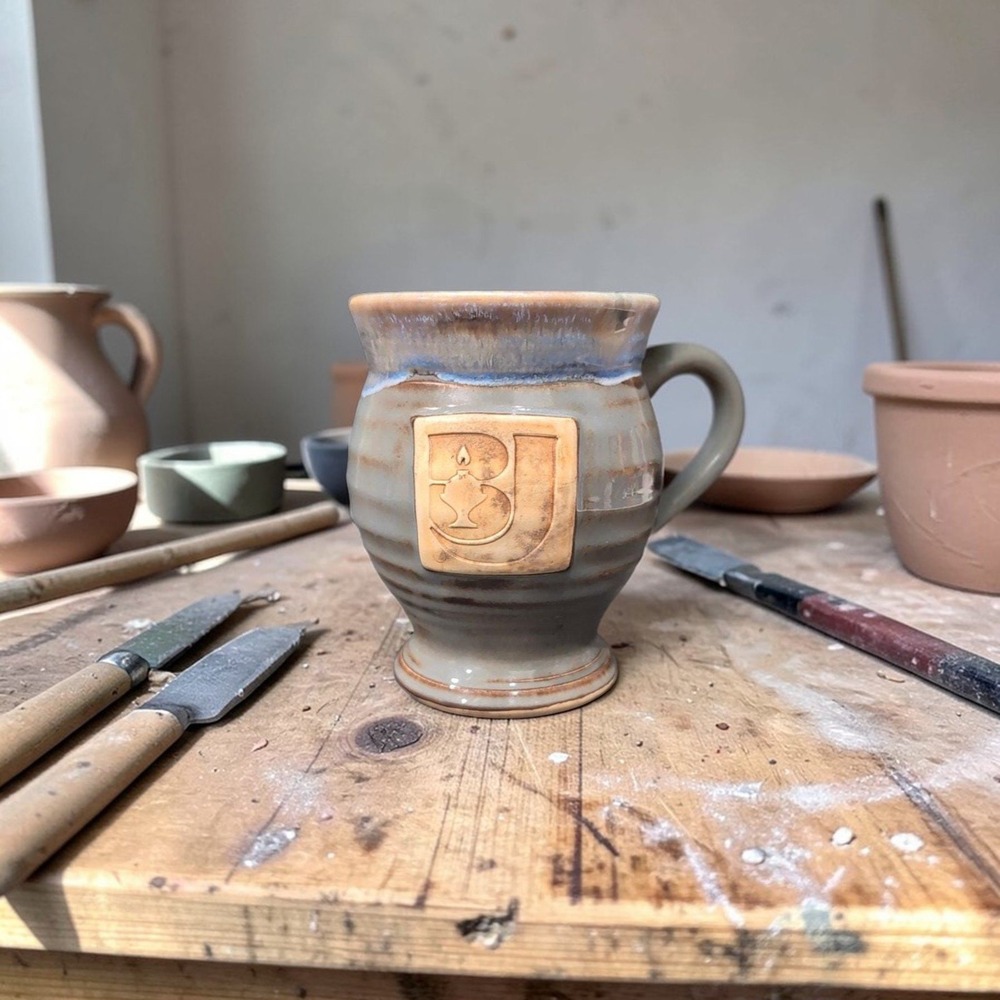 Drip Glazed Stamped Pottery Mug, Potbelly Coffee Cup, Signed MM or WW Bulb Logo‎